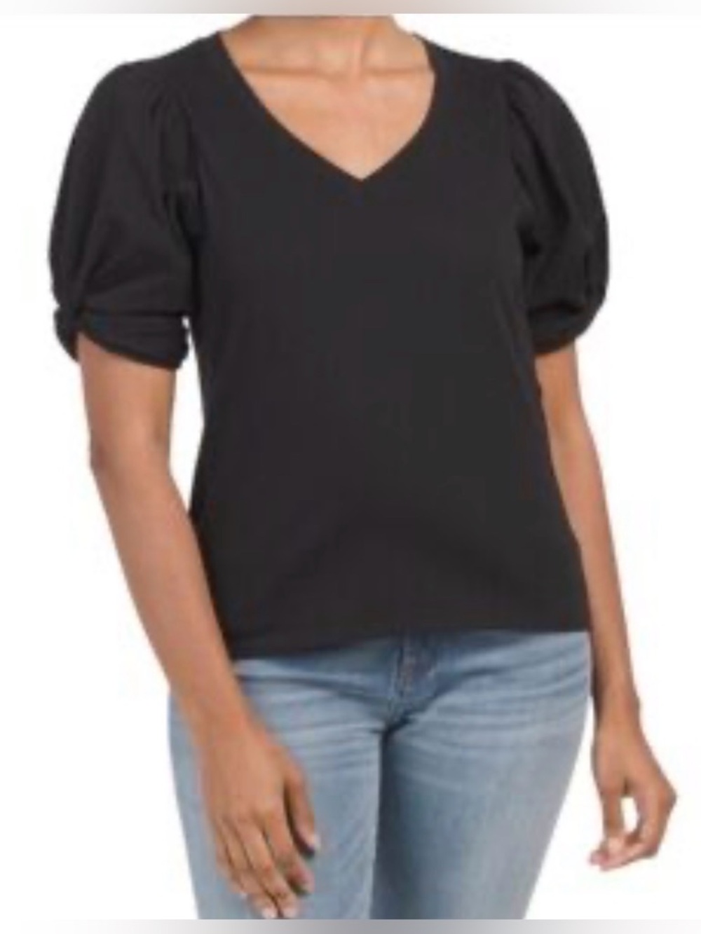 7 For All Mankind Black V-Neck Puff Sleeve Top